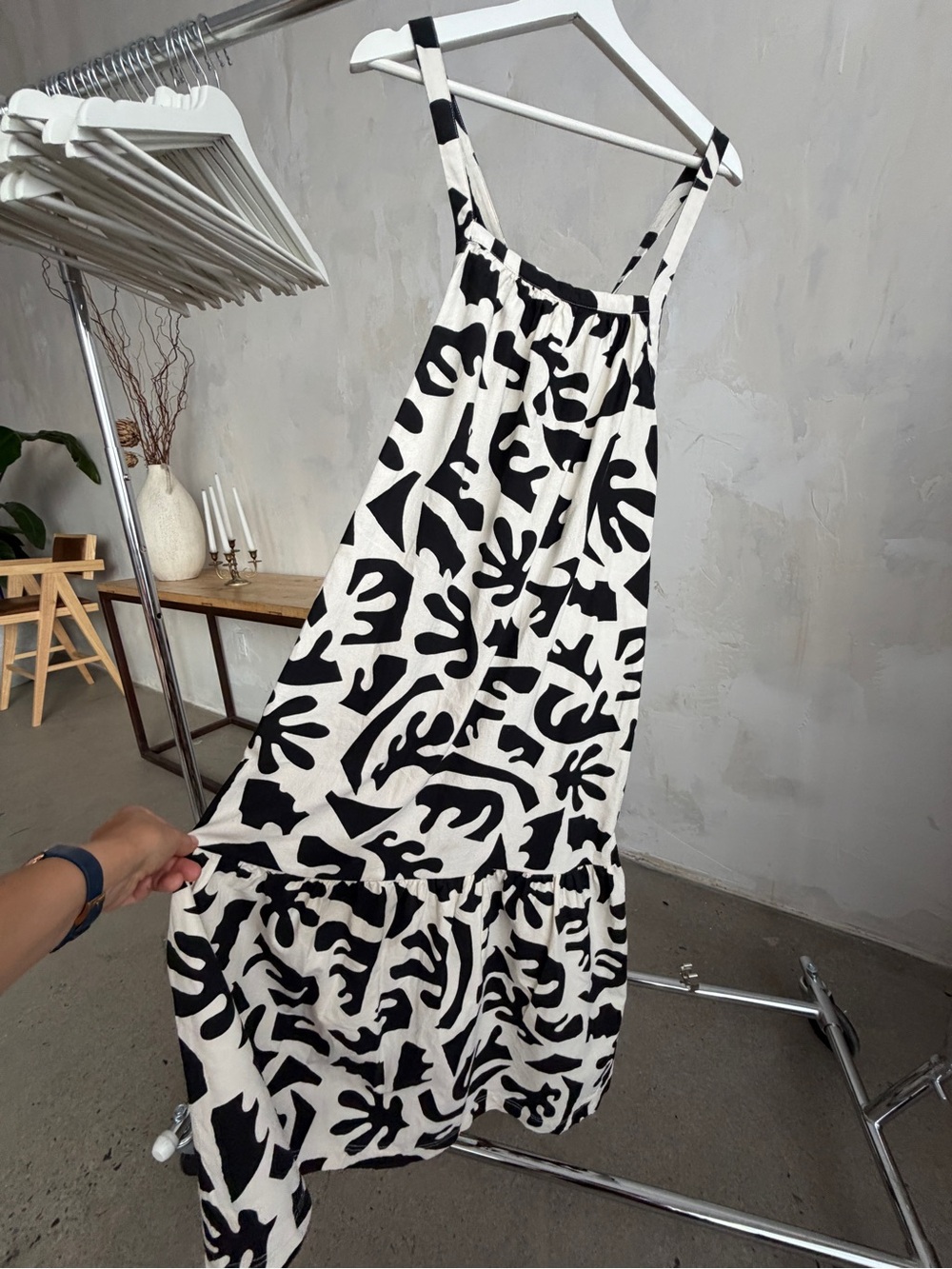 Black & White Abstract Print Maxi Dress with Adjustable Straps cotton